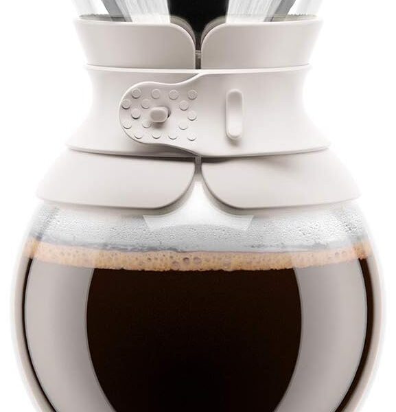 34 oz Pour Over Coffee Maker, High-Heat Borosilicate Glass with Reusable Stainless Steel Filter and White Band