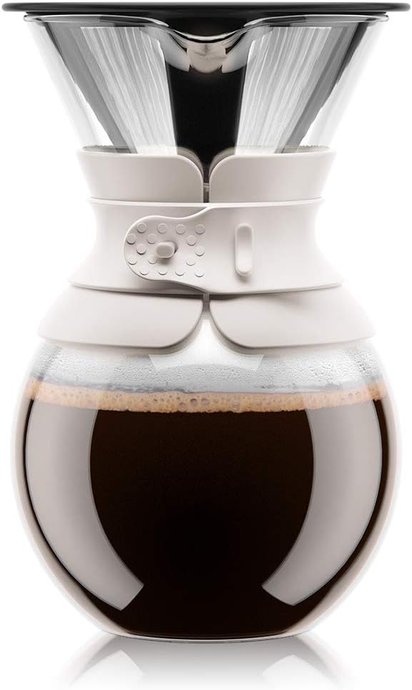 34 oz Pour Over Coffee Maker, High-Heat Borosilicate Glass with Reusable Stainless Steel Filter and White Band