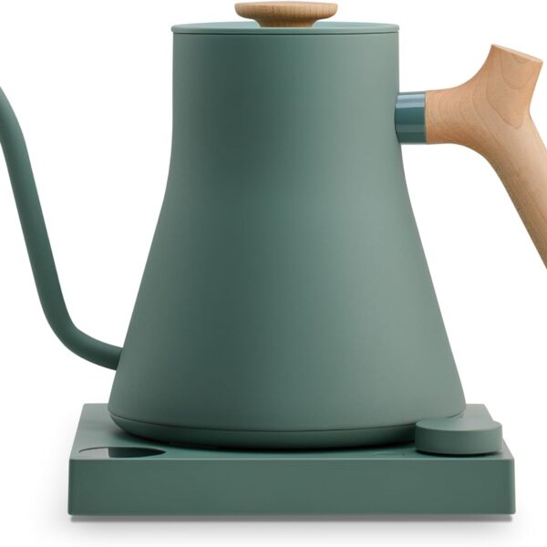 Electric Gooseneck Kettle - Pour-Over Coffee and Tea, Quick Heating, Precise Temperature Control, Scheduling, Built-in Brew Timer, Smoke Green with Maple Wood Handle, 0.9 Liter