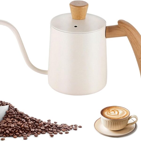 Pour Over Coffee Kettle Gooseneck Tea Pot 304 Stainless Steel Hand Coffee Maker Kettle-Barista Pour Control Design,Wood Handle and Long Narrow Spout Camping Kettle(Color: white,Size:20oz)