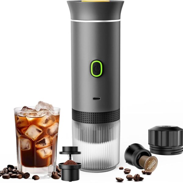 - Portable 3-in-1 Coffee Maker, USB-C Self-Heating, Compatible with Ground Coffee and Capsules, Grey
