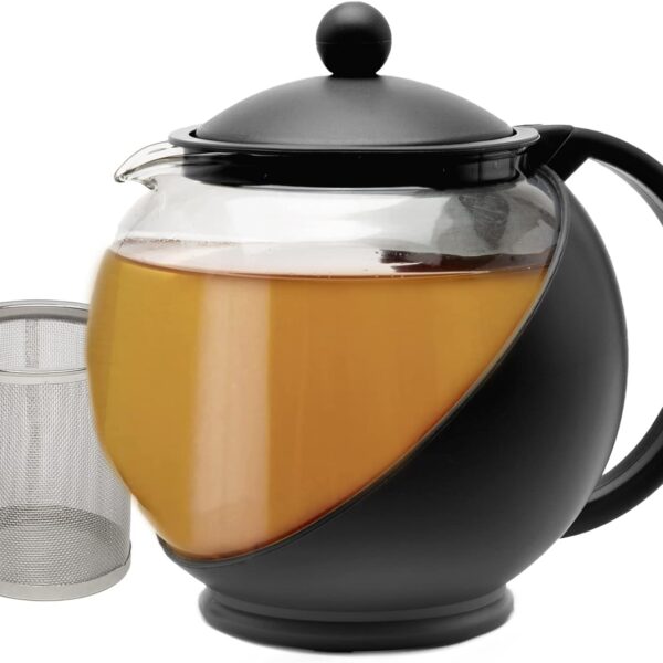 Half Moon Teapot with Removable Infuser, Glass Tea Maker with Reusable Fine Mesh Stainless Steel Filter, Dishwasher Safe, 40-Ounce, Black