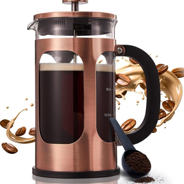 34 Ounce 1 Liter French Press Coffee Maker, Heat Resistant Thickened Borosilicate Glass Stainless Steel Brewer, Cold Brew Teapot for Kitchen Travel Camping, Copper