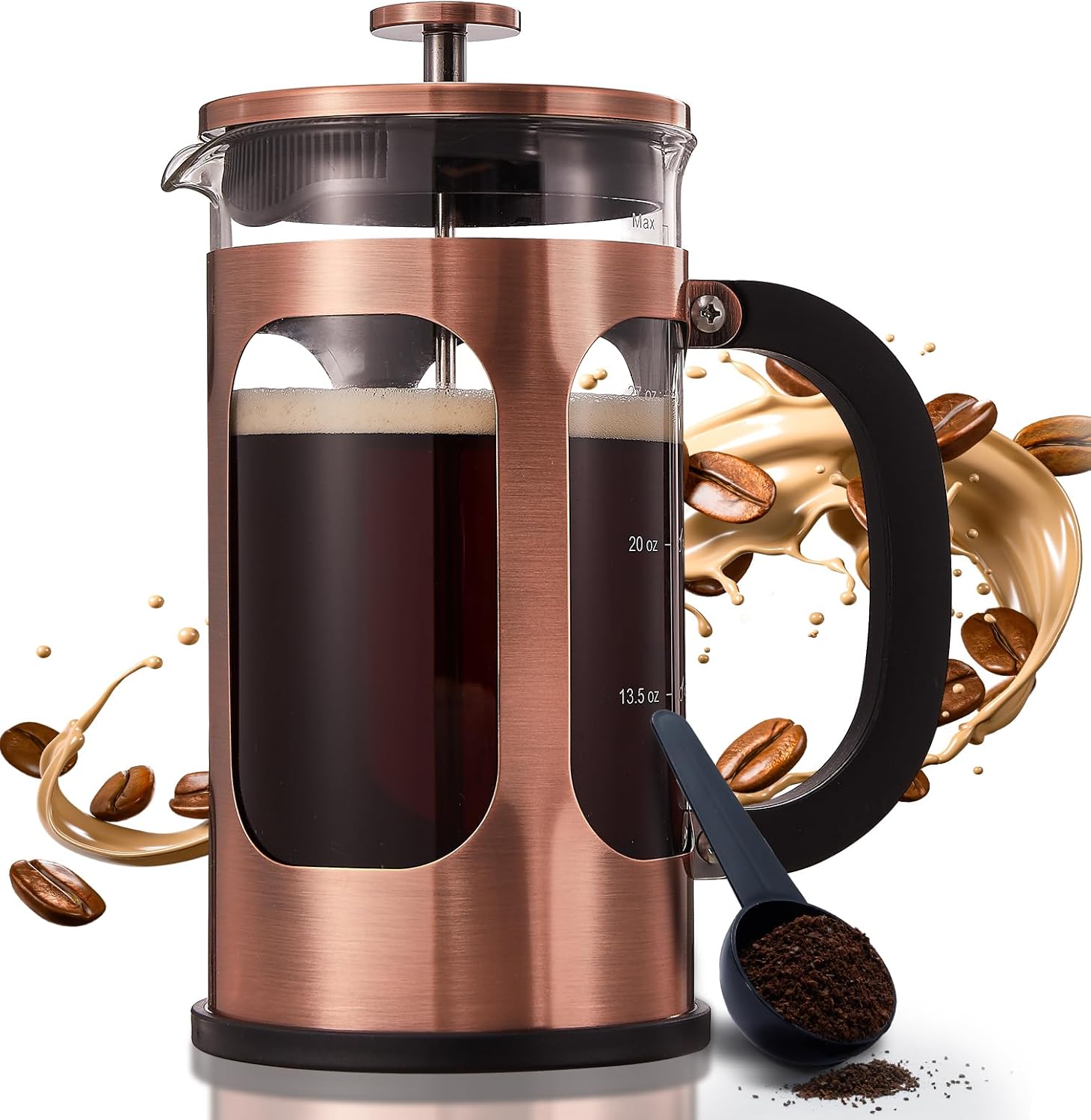 34 Ounce 1 Liter French Press Coffee Maker, Heat Resistant Thickened Borosilicate Glass Stainless Steel Brewer, Cold Brew Teapot for Kitchen Travel Camping, Copper