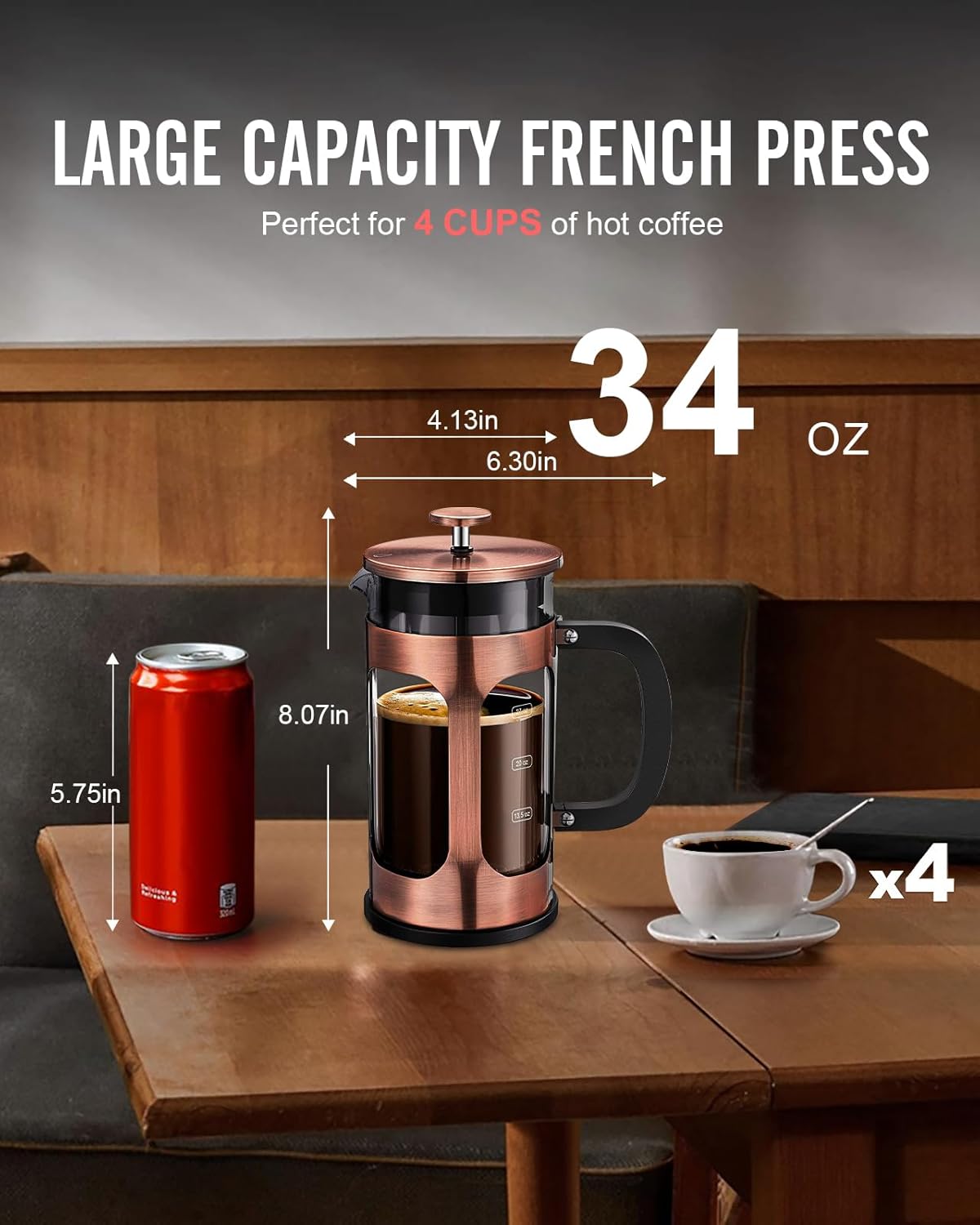 34 Ounce 1 Liter French Press Coffee Maker, Heat Resistant Thickened Borosilicate Glass Stainless Steel Brewer, Cold Brew Teapot for Kitchen Travel Camping, Copper - Image 2