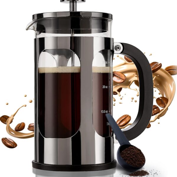 French Press Coffee Maker 34 Ounce 1 Liter, Borosilicate Glass Stainless Steel Brewer, Large Portable Cold Brew  Teapot for Kitchen Travel Camping Coffee Bar Accessories, Dark Pewter