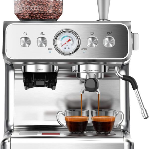 Espresso Machine with Grinder, Stainless Steel 20 Bar Semi-Automatic Expresso Coffee Machines, Featuring a Milk Frother, Steam Wand, Removable Water Tank for Latte, Macchiato, Cappuccino